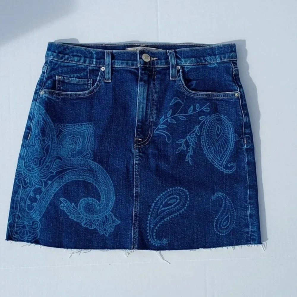 Size 10 Waist 30 Hudson Viper Paisley Cut Off Raw Hem Mini Indigo Jean Skirt
